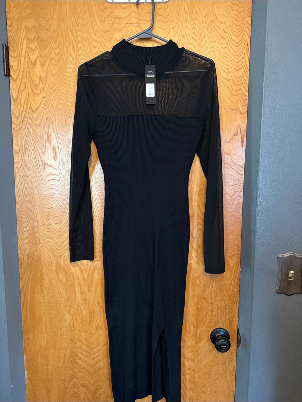Fashion Nova Black Long-Sleeve Mesh Yoke Midi Dress